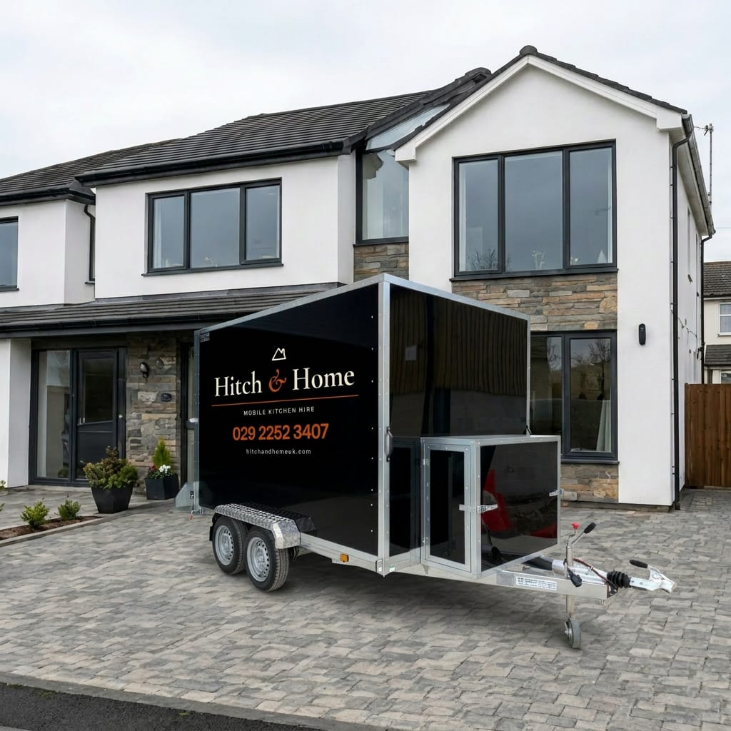 Hitch and Home trailer on a wide driveway outside a brick house