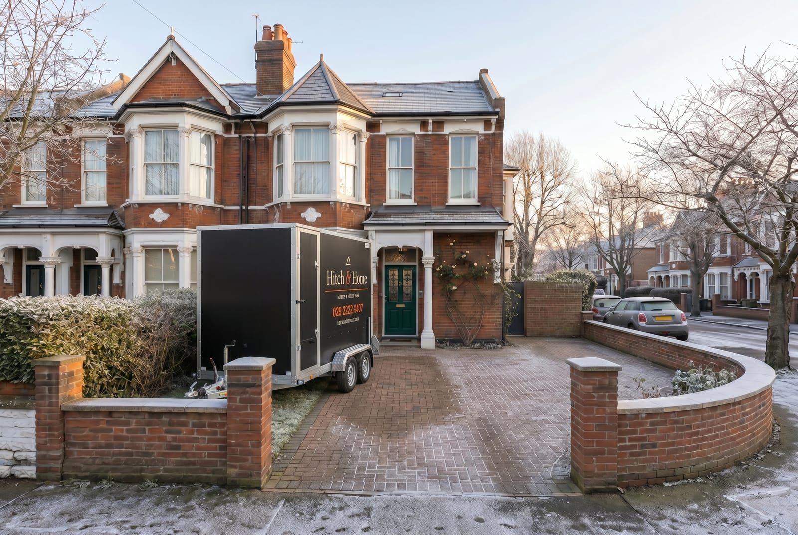 Hitch and Home trailer outside a modern home with a large paved drive