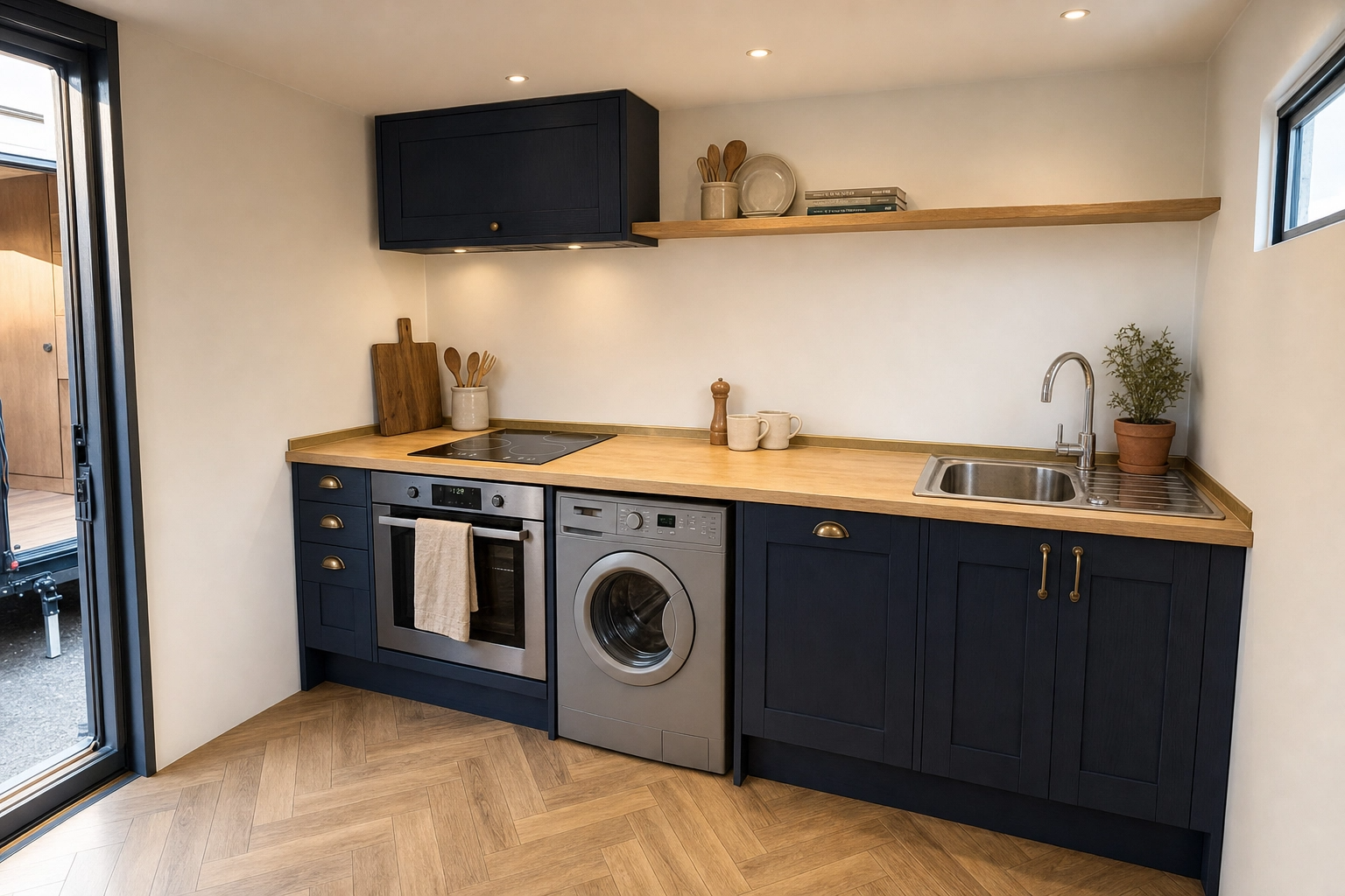 Interior of the Hitch and Home trailer kitchen with navy cabinets, copper handles and breakfast bar