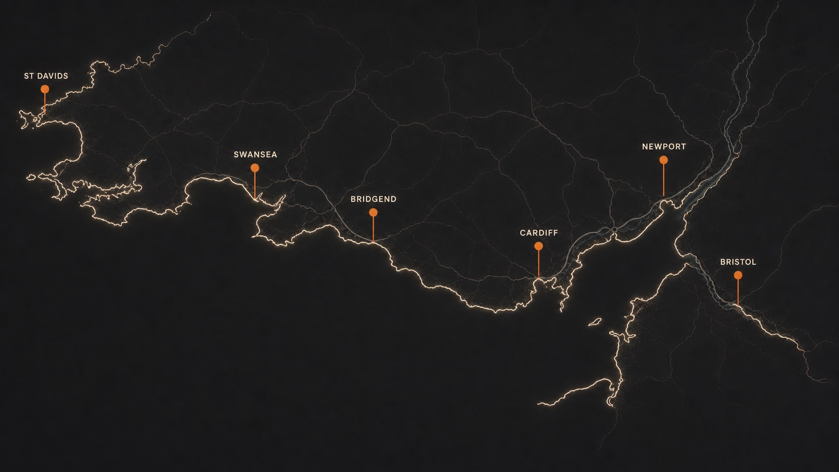 Stylised map of South Wales showing St Davids, Swansea, Bridgend, Cardiff, Newport and Bristol