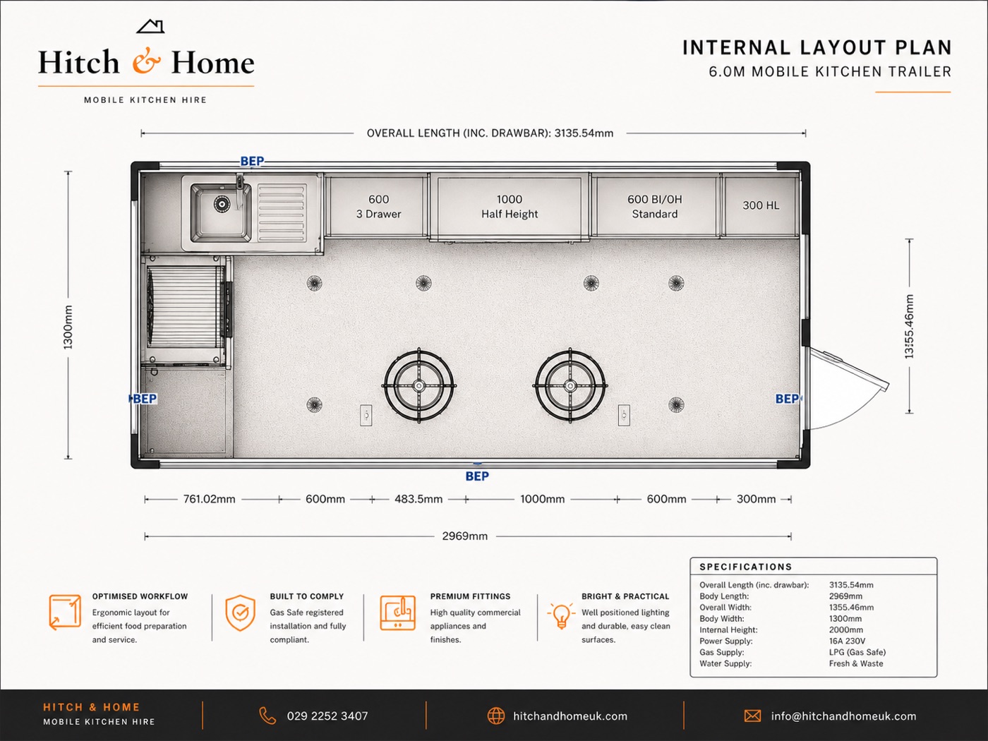 Floor plan view of the trailer kitchen layout